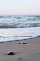 wet pebbles on the beach and water