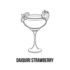 Daiquiri strawberry vector hand drawn illustration. Alcoholic fruity cocktail with berry on glass. Monochrome strong drink, beverage glassware ink drawing. Bar menu, poster design element