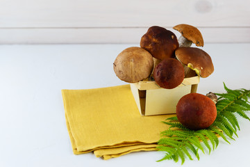 Mushrooms in a basket on a light background.