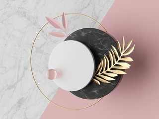 3d abstract modern minimal background, white round canvas isolated on pink, marble texture, glass ball, golden ring, geometric decor, fashion minimalistic scene, simple clean design, blank mockup