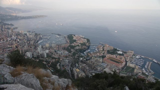 High angle view overlooking the Monaco skyline at sunset