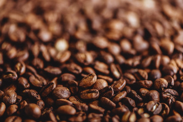 Coffee grains. Background of roasted coffee beans brown. layout. Flat lay.