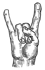 Rock and Roll hand sign. Vector black vintage engraving.