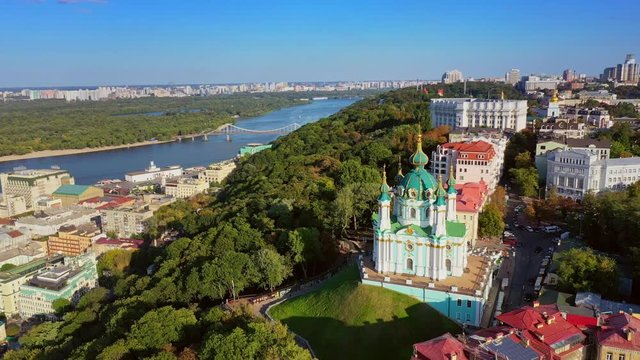 Aerial drone video Famous St. Andrews Church and panorama of Kyiv, Ukraine