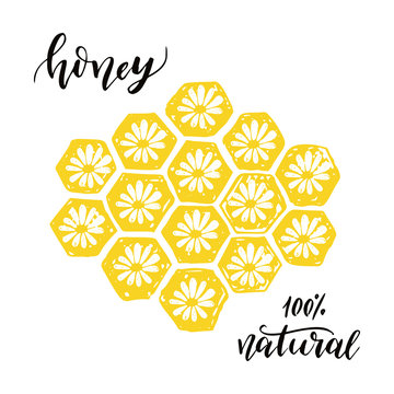 Honey Label With Hand Drawn Lettering, Honeycomb, Flowers.