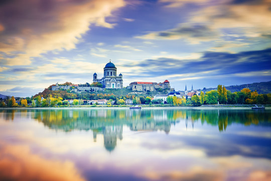 Esztergom, Hungary, seasonal autumn scenery over Danube river.