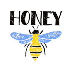 Honey label with lettering, bee, hexagon.