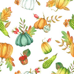 Watercolor seamless pattern with autumn pumpkins, leaves, branches and rose hips on a white background.