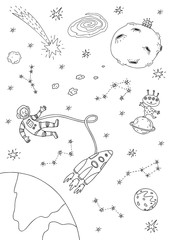 Space, astronaut, spacecraft. Coloring page.