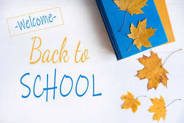 The basis for the banner back to school. Autumn frame for text with yellow leaves and books. An end to the theme of school and learning. Flat lay, top view.