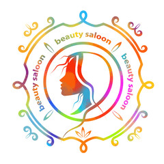 Logo is the face profile of a multi-colored girl. A beauty salon. Vector illustration.