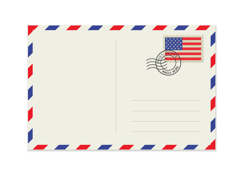 Blank post card with rubber stamp. Mockup realistic post card  and postage stamp with USA flag.
