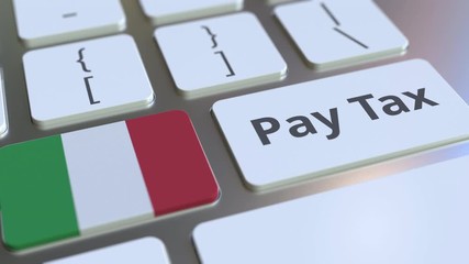 PAY TAX text and flag of Italy on the buttons on the computer keyboard. Taxation related conceptual 3D animation