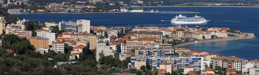 Fototapeta na wymiar Aerial view of Ajaccio, Corsica, France. The harbor area and city seen from the mountains.