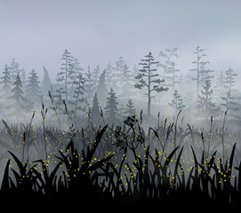 The edge of magic forest with fireflies flying above the grass, beautiful mist and old trees. Vector silhouette fairy illustration.