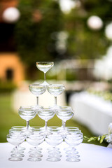 Pyramid of glasses of champagne at outdoor garden in wedding ceremony