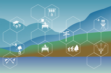 Poster with Set of travel and camping equipment icons