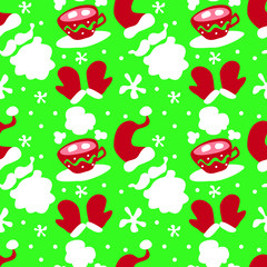 Seamless vector pattern. New Year's and Christmas. Flat design, delicious sweets. Background for gift paper, wrapping, postcard, package, clothes. Good holiday mood