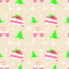 Seamless vector pattern. New Year's and Christmas. Flat design, delicious sweets. Background for gift paper, wrapping, postcard, package, clothes. Good holiday mood