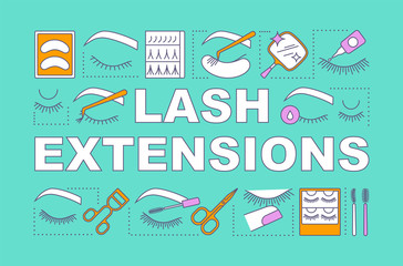 Lash extensions word concepts banner. Beauty service. Classic, 2d and 3d volume. Eyelash curling. Presentation, website. Isolated lettering typography idea, linear icons. Vector outline illustration