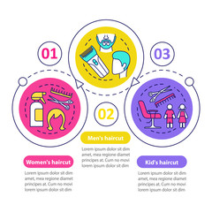 Hairdresser salon service vector infographic template. Business presentation design elements. Data visualization with three steps and options. Process timeline chart. Workflow layout with linear icons
