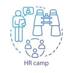 Human resources camp concept icon. Summer corporate club, community idea thin line illustration. Company, business employee bootcamp. Vector isolated outline drawing. Editable stroke