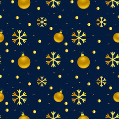 Vector seamless pattern. New Year and Christmas theme. Gold shards and snowflakes on a dark background. Elegant beautiful festive background for greeting card, invitation, clothing, gift paper.