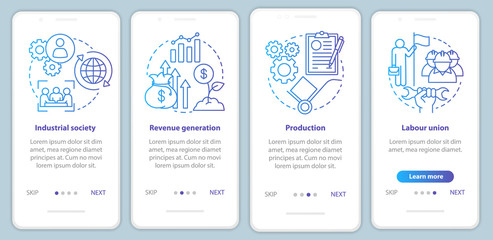Fototapeta na wymiar Production process blue onboarding mobile app page screen vector template. Industrial society, labour union. Walkthrough website steps with linear icons. UX, UI, GUI smartphone interface concept