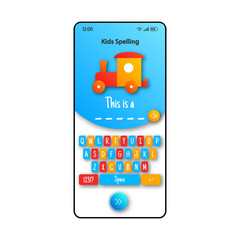 Kids spelling game smartphone interface vector template. Mobile app page white design layout. Teaching children writing words screen. Flat UI for application. Learning letters phone display