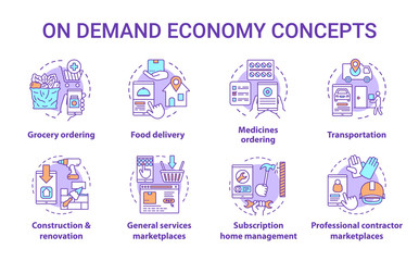 On demand economy concept icons set. Commercial services industry idea thin line illustrations. E commerce, modern business. Online marketplace app vector isolated outline drawings. Editable stroke