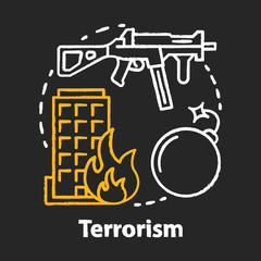 Terrorism chalk concept icon. Gun violence idea. War & terror. Terrorist military attack, explosion. Extremism. Rifle and bomb. Vector isolated chalkboard illustration
