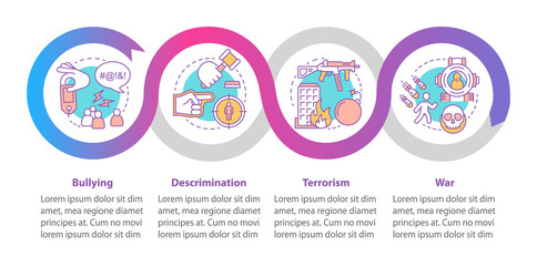 Social violence vector infographic template. Bullying, discrimination, terrorism, war. Data visualization with four steps and options. Process timeline chart. Workflow layout with linear icons