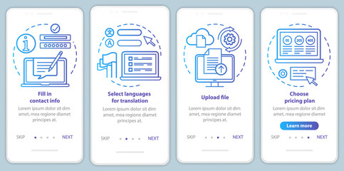 Translation service blue onboarding mobile app page screen vector template. Upload file, contact info. Walkthrough website steps with linear illustrations. UX, UI, GUI smartphone interface concept