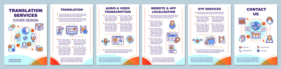 Translation services brochure template layout. Audio transcription. Flyer, booklet, leaflet print design with linear illustrations. Vector page layouts for magazines, reports, advertising posters