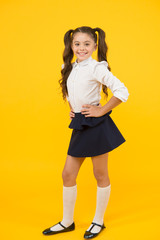 Exciting back to school style. Happy small girl holding long ponytail hair style on yellow background. Little child smiling in formal style. Giving school fashion a sense of style