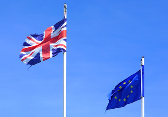 Flags of the United Kingdom and the European Union flying side by side