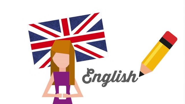 woman character with learn english animation