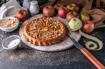 Still life: homemade pie with apples and peaches. homemade baking
