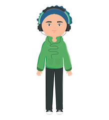 happy young boy listening music with earphones