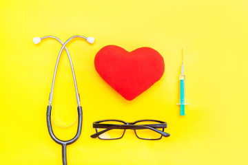 Simply minimal design medicine equipment stethoscope or phonendoscope glasses syringe red heart...