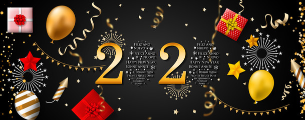 2020 New Year in Different Languages (Bonne Année, Frohes Neues Jahr, Feliz Año Nuevo, С Новым Годом, and Szczęśliwego Nowego Roku). Happy New Year greeting card. 2020 Happy New Year background.