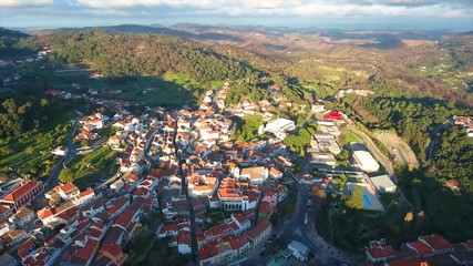 Aerial. Old historic village in mountains of southern Portugal, Monchique. Video Shooting from sky with a drone.