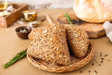 Tasty fresh buns on table