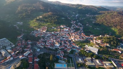 Aerial. Old historic village in mountains of southern Portugal, Monchique. Video Shooting from sky with a drone.