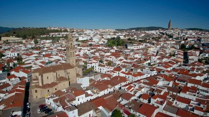 Aerial. Historic Spanish village Jerez de los Caballeros filmed from the sky
