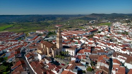 Aerial. Historic Spanish village Jerez de los Caballeros filmed from the sky