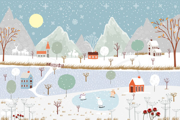 Panoramic of winter landscape,Vector of horizontal banner of winter wonderland at countryside with snow covering,house,moutain,tree and polar bear playing ice skates,Merry Christmas background