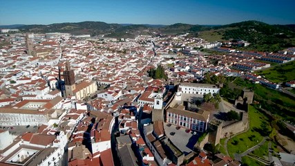 Aerial. Historic Spanish village Jerez de los Caballeros filmed from the sky