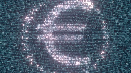 Glowing Euro sign made with computer symbols. Fintech related loopable 3D animation