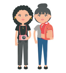 cute girls with camera and bag characters